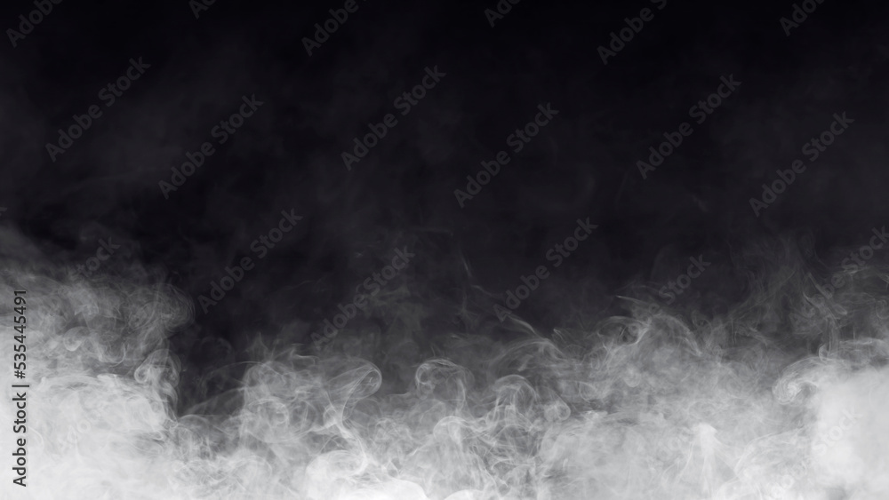 Abstract fog. White cloudiness, mist, or smog moves on black background. Beautiful swirling gray smoke. Mockup for your logo. Wide-angle horizontal wallpaper or web banner.