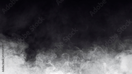 Abstract fog. White cloudiness, mist, or smog moves on black background. Beautiful swirling gray smoke. Mockup for your logo. Wide-angle horizontal wallpaper or web banner.