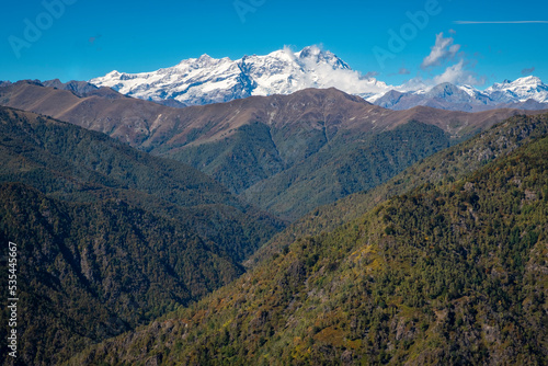 Early fall panorama of the Panoramica Zegna mountains. Is a touristic viewpoint  located in Piedmont Region  Northern Italy   Biella Province. on background  the Rosa Massif  Italian Alps .