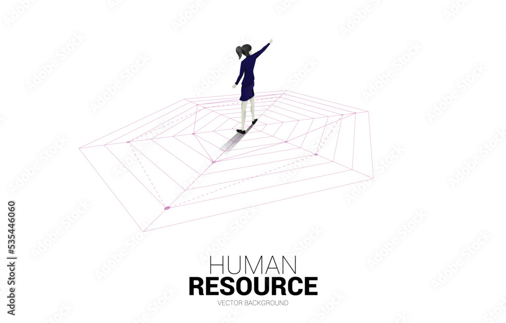 Silhouette of businesswoman standing and point ahead on spider chart. Concept of perfect recruitment. Human Resource. put the right man on the right job. Silhouette of businesswoman standing and point ahead on spider chart. Concept of perfect recruitment. Human Resource. put the right man on the right job.