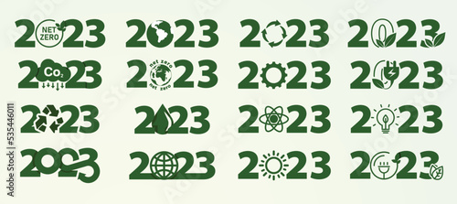 set of 2023 year 16 sets happy new year logo text design green of environment 2023 number design template collection, symbol, happy new year vector illustration on white background.