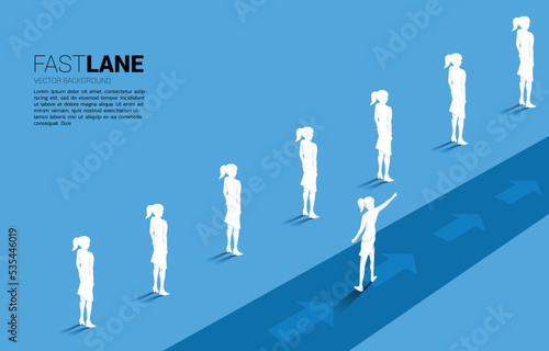 businesswoman standing and point forward on fast lane is move faster than group on queue. Business Concept of fast lane for moving and disruption.