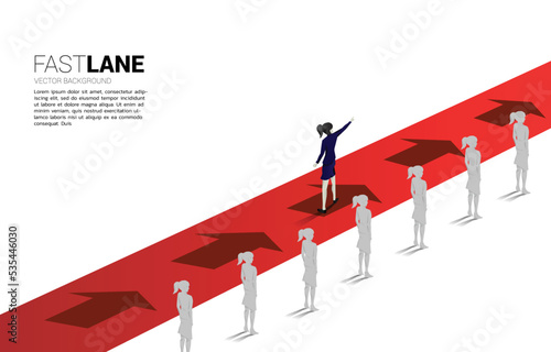 businesswoman standing and point forward on fast lane is move faster than group on queue. Business Concept of fast lane for moving and disruption.
