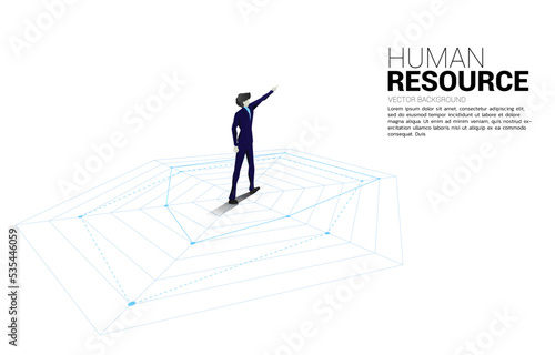 Silhouette of businessman standing and point ahead on spider chart. Concept of perfect recruitment. Human Resource. put the right man on the right job.