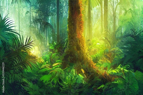 Jungle forest background. Woods tropical tree. Amazon rainforest . Spring  summer glade  outdoor park. Jungle forest landscape. Mysterious adventure. Bright ui design. Green ground  nature. .. High