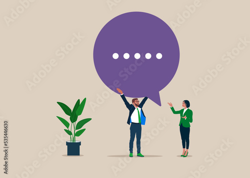 Businessman holding up thought bubble. Talking, Meeting, Brainstorm. Flat vector illustration.
