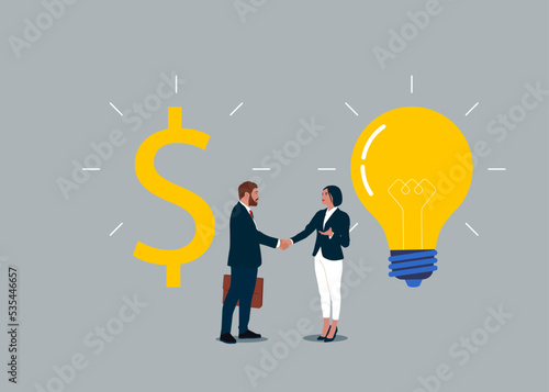 Handshake and Agreement. Financial investments in creative projects and into innovation. Flat vector illustration.