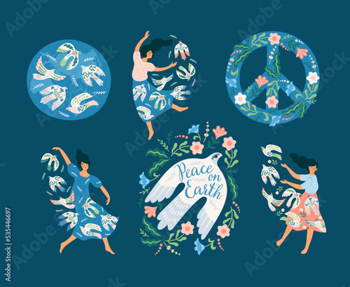Peace on Earth. Woman and dove of peace. Vector set. Illustration for card, poster, flyer and other