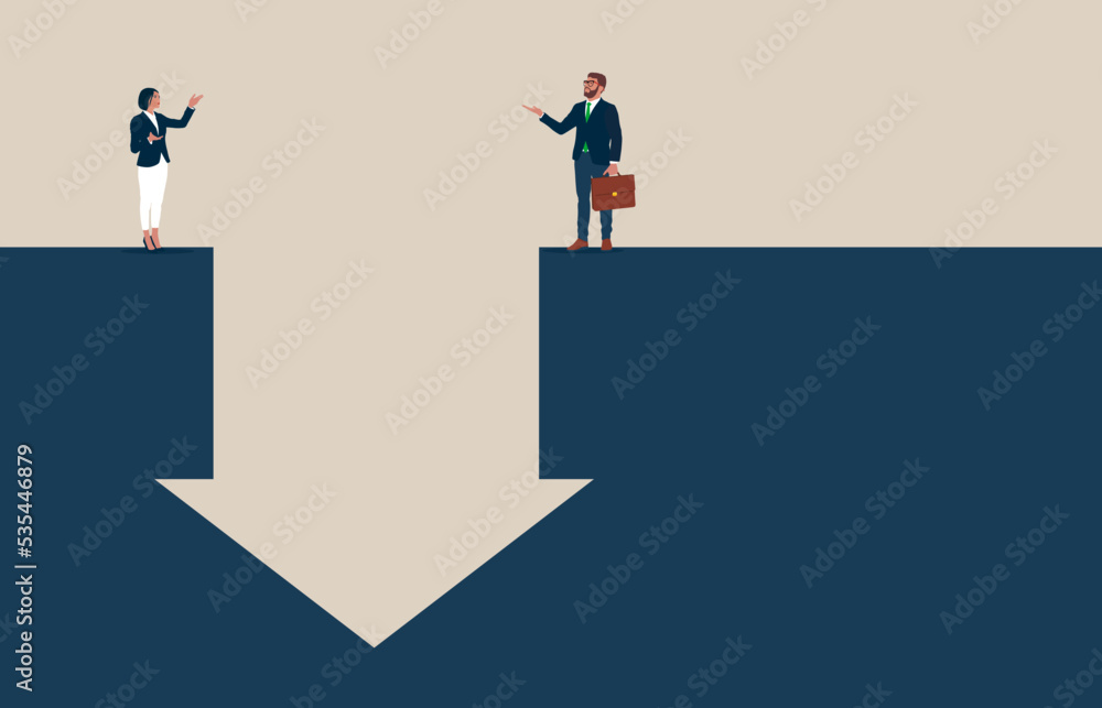 Team standing on each side down arrow graph profit loss,  financial losses in the trading market. Flat vector illustration.
