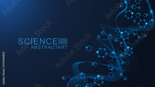 Modern science background with lines, dots and hexagons. Wave flow abstract background. Molecular structure for medical, technology, chemistry, science. Vector illustration