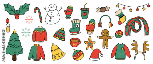 Merry Christmas and winter season doodle vector. Set of snowman, sweater, gingerbread, pine tree, snowflakes, gloves, candy, scarf. Colorful winter festive and holiday collection for kids, decorative.