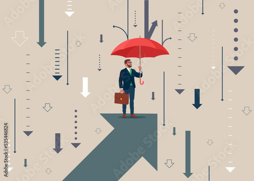 Successful business management and protection during crisis and problems. Businessman with an umbrella on the rising arrow.