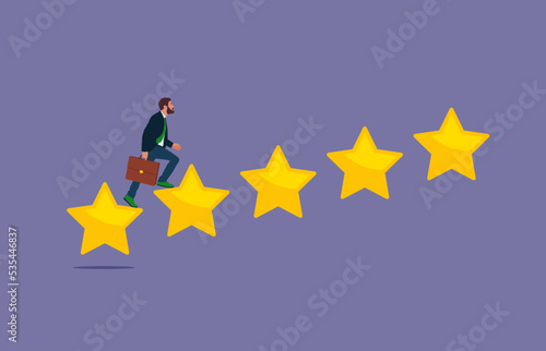 Businessmen go up the star ladder step by step to reach five-star level. Reward and Motivation Ideas. Flat vector illustration.