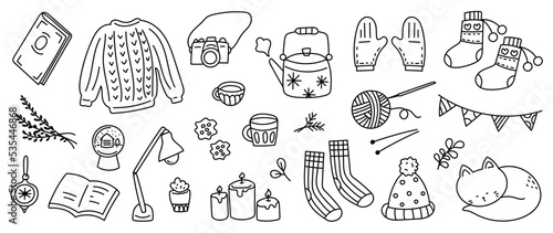 Merry Christmas and winter season doodle vector. Set of cat, cozy sweater, cup, candle, books, socks, knitted hat, camera, gloves. Winter festival and holiday collection for kids, decorative.