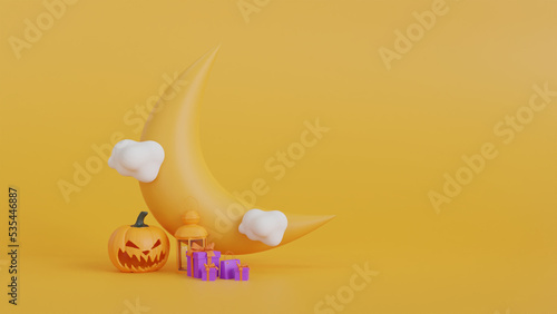 Happy Halloween on orange background. funny cartoon 3d illustrations pumpkins with gift box ,cloud and moon. for social media post and banner advertisement.