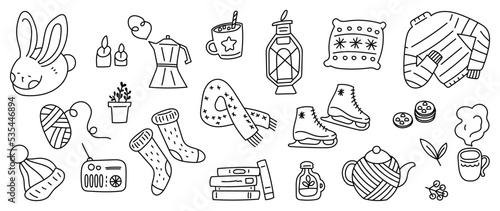 Merry Christmas and winter season doodle vector. Set of rabbit, cozy sweater, pillow, tea cup, books, socks, scarf, hat, candles, lantern. Winter festival and holiday collection for kids, decorative.