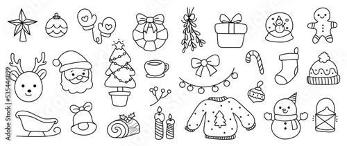 Merry Christmas and winter season doodle vector. Set of snowman, sweater, gingerbread, santa, log cake , gloves, sock, gift, reindeer. Winter festival and holiday collection for kids, decorative.