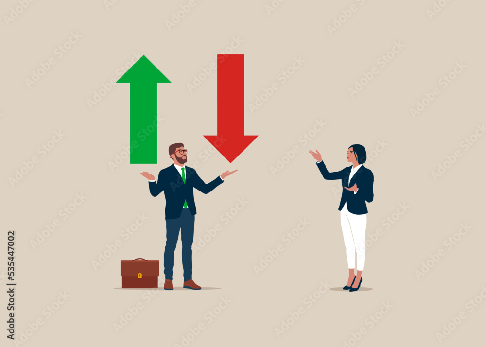 Green arrow is pointing up and red arrow is down in the investor's hand. Fluctuation of stocks. Unstable up and down arrows about investment risk. Flat vector illustration. Green arrow is pointing up and red arrow is down in the investor's hand. Fluctuation of stocks. Unstable up and down arrows about investment risk. Flat vector illustration.