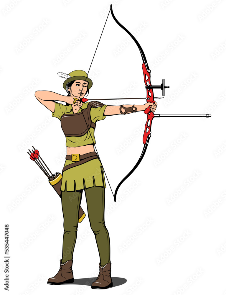 Young Archer Girl aiming target. Sports archery. Pop art realistic vector drawing.