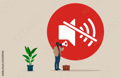 Afro American businessman holding a megaphone standing on a mute icon. Inequality discrimination. Don't let cry out blocking freedom of speech.  Flat vector illustration.