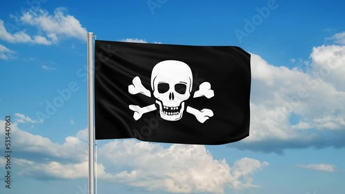 Looped Pirate or Danger flag, a symbol of piracy, waving in the wind infinty cycle photo