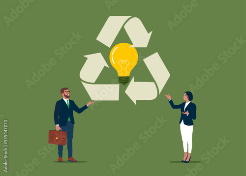 Businessman and Light bulb centered on dark green background recycle icon. Reducing energy for the environment.. Environmental care for environment in future. Flat vector illustration.