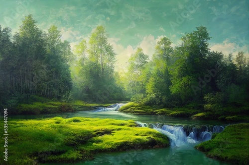 GREEN FOREST LANDSCAPE WITH WATER STREAM, TREES AND FRESH GRASS IN SUN LIGHT, BEAUTY OF SPRING NATURE. High quality illustration
