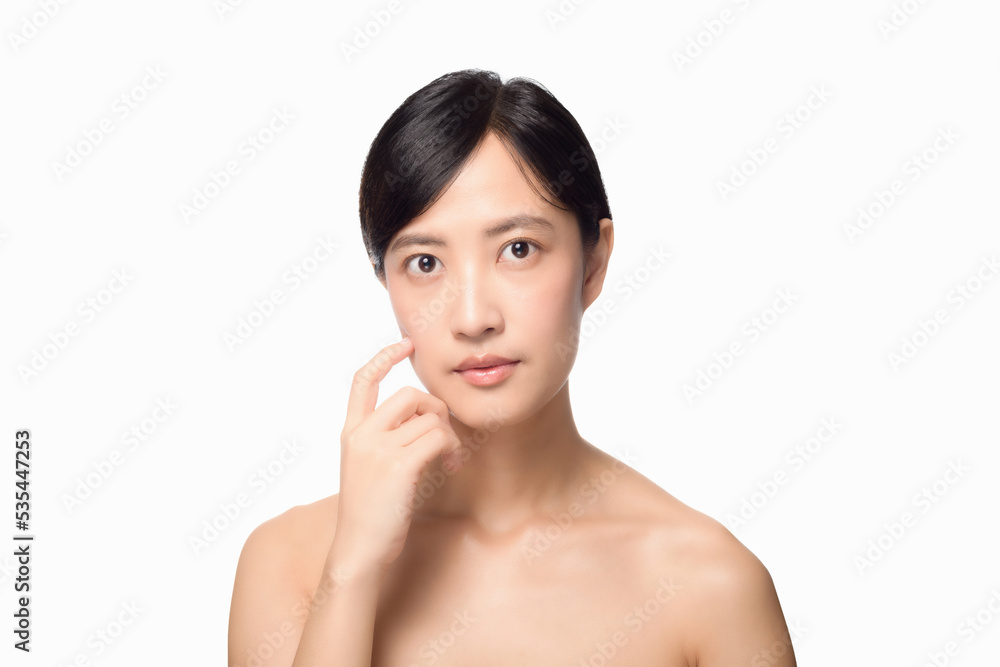 Portrait healthy pretty young woman isolated on white background. beautiful female model person applying cosmetic cream for skincare on fresh makeup clean face. spa, treatment, wellness concept. Portrait healthy pretty young woman isolated on white background. beautiful female model person applying cosmetic cream for skincare on fresh makeup clean face. spa, treatment, wellness concept.