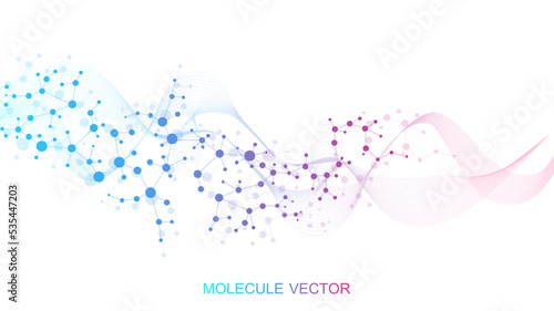 Modern abstract molecules structure for science or medical background. DNA helix or atom visualization. Molecular wave flow abstract background. Vector illustration