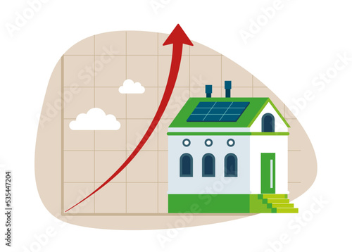 Growing home sales shown on graph. Flat vector illustration.