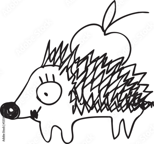 Carelessly hand-drawn hedgehog carries an apple on his back. Funny vector doodle drawing.
