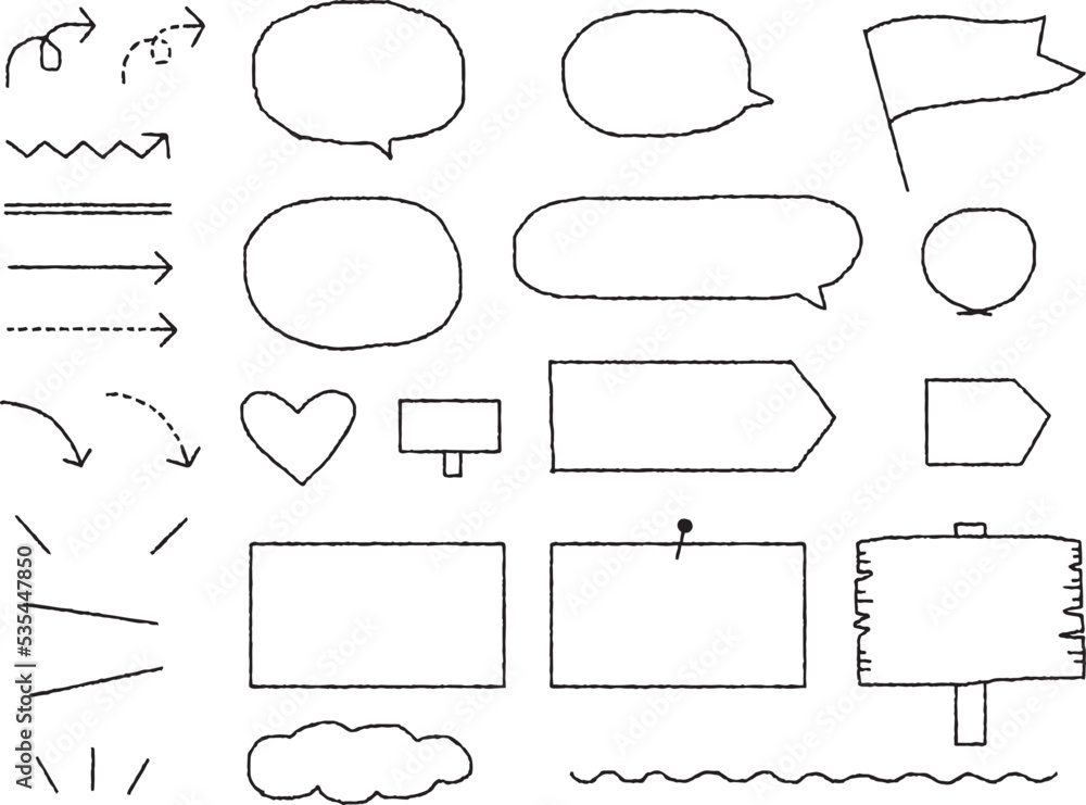 Obraz premium 手描きの矢印や吹き出しのイラストセット_枠内白ベタ