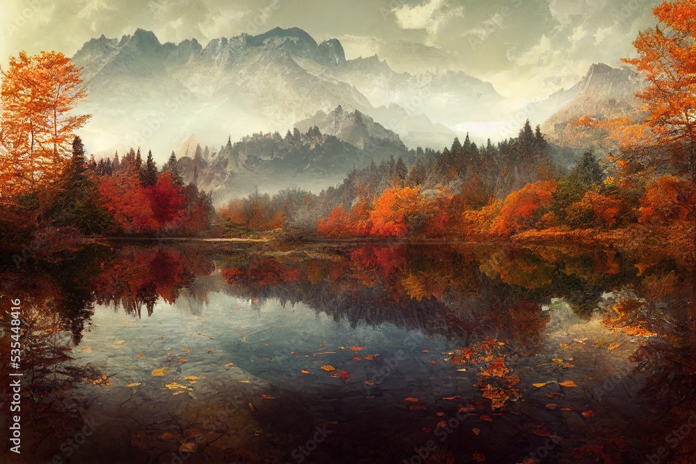 Fototapeta premium Autumn landscape moutains lakes and forest. High quality illustration