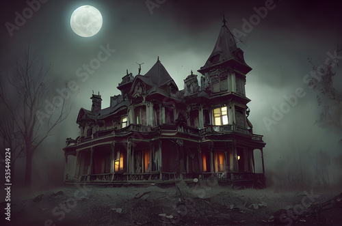 Full moon shines over a creepy haunted house. 