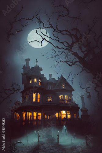 Full moon shines over a creepy haunted house. 