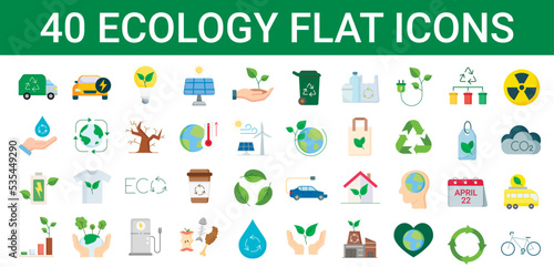 Set of 40 ecology and environment icons. flat style