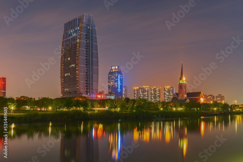 Skyline of Modern Urban Architecture and Night View of Canal in Jiangyin  China