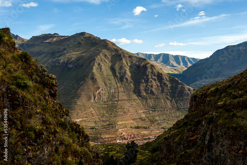 The spectacular mountain view from the ancient ruins of Pisac in Peru. The ruins of Pisac are located in the Sacred Valley of the Incas.