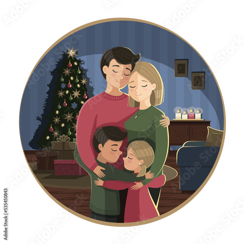 Happy family at home hugging each other on Christmas eve near the tree and presents