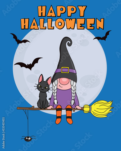 Halloween card. Gnome witch flying with a broom next to a black cat