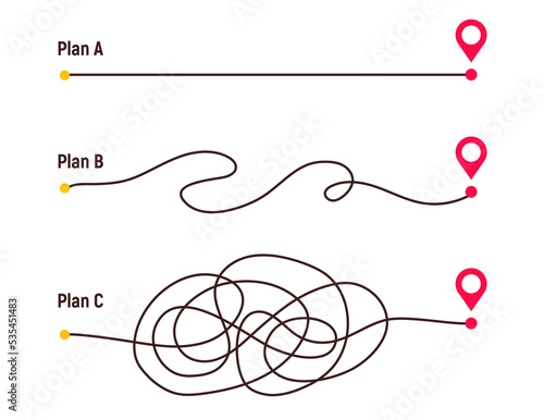 Complicated way and simple path from point A to B. Plans and real life chaos simplifying. Curved dashed line. Vector illustration