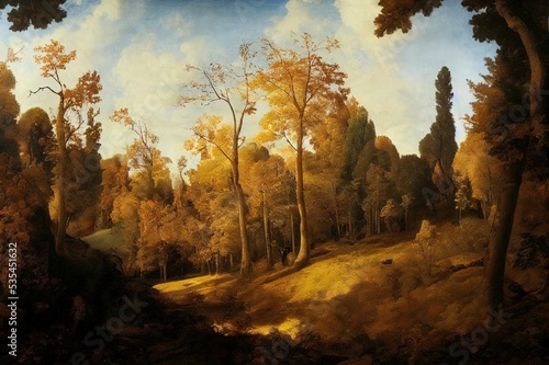 Forest panorama in autumn with bright sun. High quality illustration