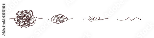 Simple line and complex easy way. Scribble doodle chaos mindset. Problem solving, difficult line. Vector hand drawn concept path