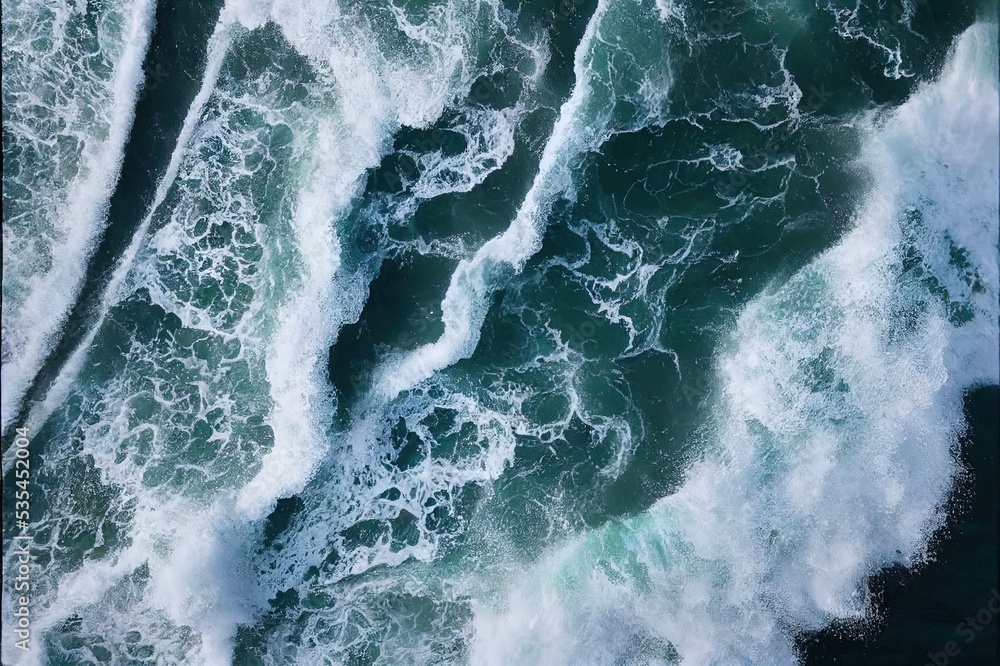 Beautiful texture of big power dark ocean waves with white wash. Aerial top  view footage of