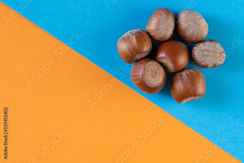 Organic hazelnuts with nutshell, flat lay. Top view autumn texture backdrop, Abstract pastel colored paper. Harvest, fall concept. Filbert, nut frame. Food ingredient hazelnut Background, macro detail photo