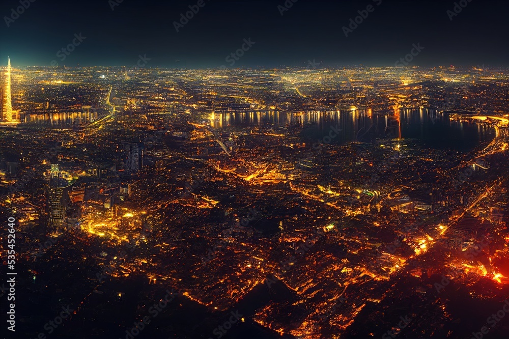 Wireless network and Connection technology concept with Bangkok city background at night in Thailand, panorama view. High quality illustration