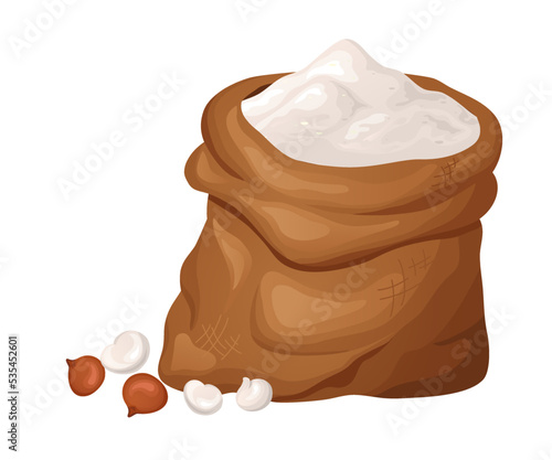 Quinoa flour in wooden bowl with seeds. Healthy gluten free food. Powde in organic product. Vector illustration isolated on white background