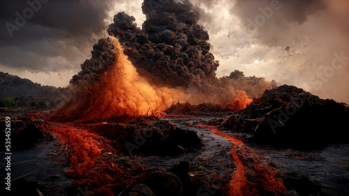 A large volcano erupting hot lava and gases into the atmosphere. Illustration.