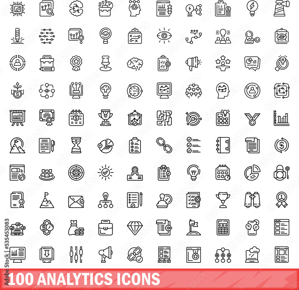 100 analytics icons set. Outline illustration of 100 analytics icons vector set isolated on white background 100 analytics icons set. Outline illustration of 100 analytics icons vector set isolated on white background