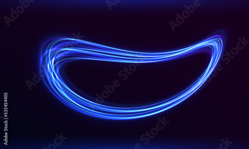 Blue shiny spiral wave. Curved blue line twirl. Glittering wavy trail. Swirling dynamic neon circle. Rotating speed ring. Magic whirlwind with flare sparkles. Glowing swirl light effect. Vector